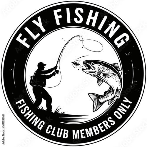 Fly fishing club members only vintage emblem featuring angler and leaping trout vector