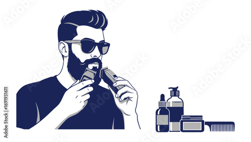 Stylish man with beard and sunglasses grooming with electric razor and beard care products like oil balm and comb