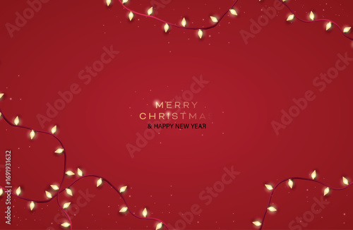 Christmas red background with realistic 3d decorative design elements. Festive Xmas composition flat top view of red background and glowing garland decorations. Vector illustration