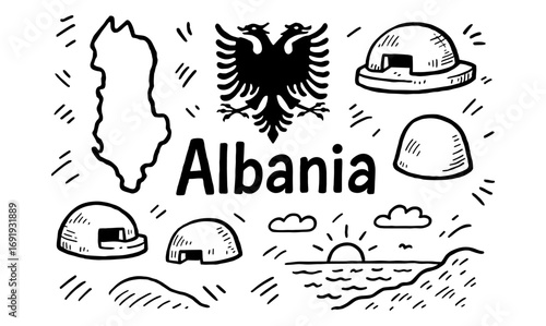 Albanian symbols with bunkers and eagle in vintage line art style