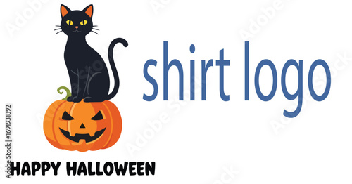 A cartoon image featuring a black cat sitting on a jack o lantern with happy halloween shirt logo text