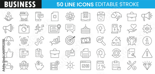 Business line icon set. Containing finance, office, teamwork, communication, growth, money, target, management, security, innovation, success and more. Editable stroke vector icons collection.