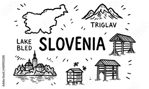 Hand drawn slovenia landmark sketches with lake bled and triglav mountain