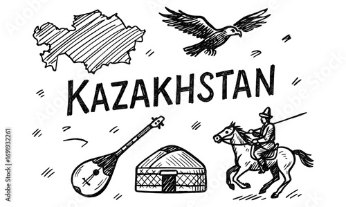 Kazakhstan symbols in sketch style: map, eagle, nomad, yurt, dombra