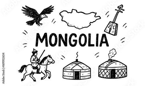 Mongolia sketch elements: map, ger, horseman, eagle, traditional music
