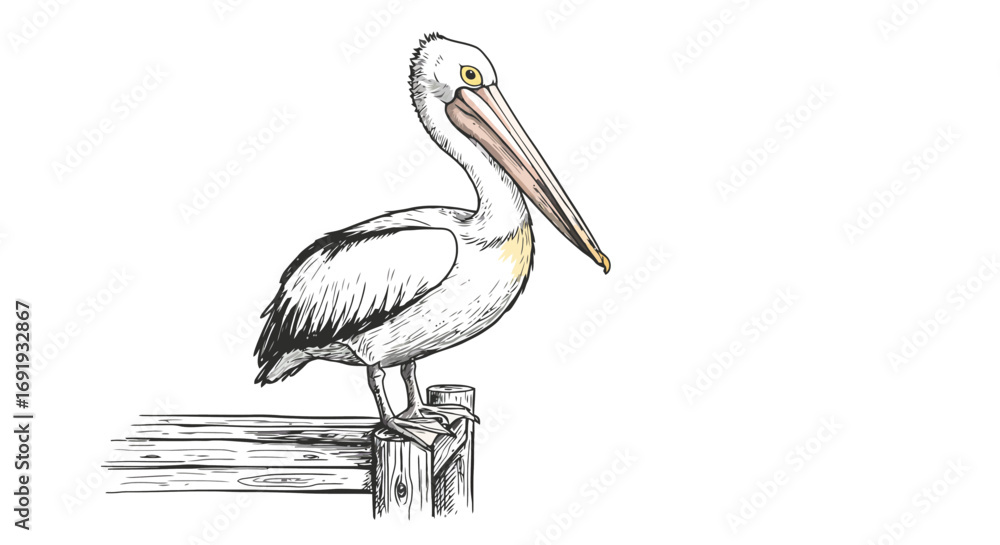 Fototapeta premium Australian Pelican Bird Detailed Drawing.
