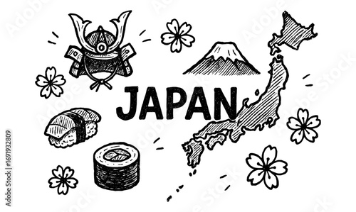 Hand-drawn japanese icons: map, sushi, sakura, mount fuji, and samurai elements