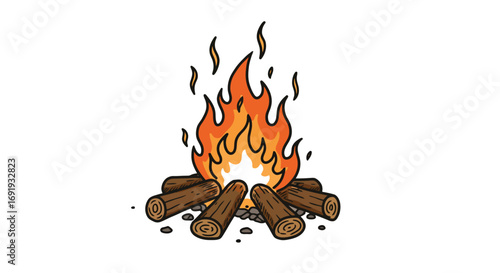 Bright bonfire with burning logs and flames.