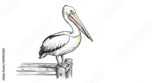 Australian Pelican Bird Detailed Drawing.