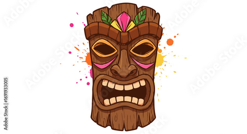 Carved Wooden Tiki Mask with Angry Expression 1.