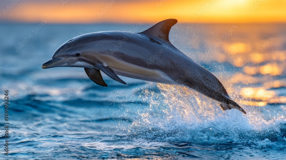 Fototapeta premium Dolphin jumping out of the water at sunset