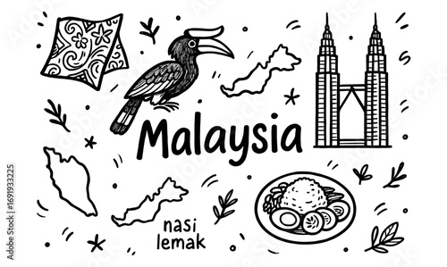 Malaysia icons: culture, cuisine, architecture, and nature in monochrome doodles