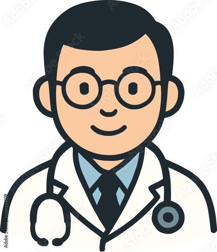 Friendly Male Doctor Illustration with Stethoscope Wearing Glasses and Lab Coat Offering Healthcare Expertise for Medical Professionals and General Wellness Concepts