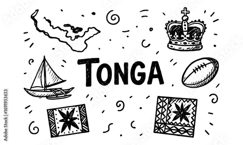 Tonga sketch elements featuring map and cultural icons in doodle style