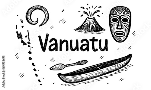Hand-drawn vanuatu icons with canoe, mask, volcano, and islands