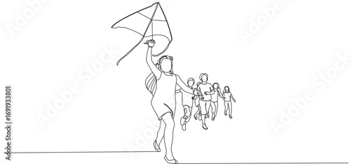 continuous line of small children running around playing kites eps 1