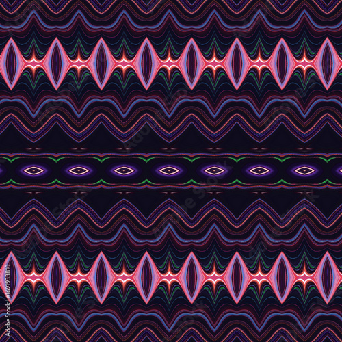 Dark neon abstract pattern with glowing symmetrical lines, ideal for technology, science, and modern digital backgrounds.
