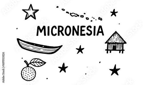 Hand drawn micronesian elements with canoe, stars, and hut in black and white