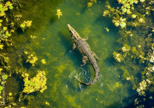 Drone shot of a crocodile swimming through clear green riverwater, surrounded by reeds, overhead wildlife view