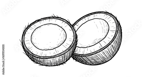 Halved coconut showing white flesh and husk.
