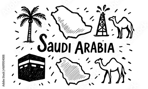 Hand drawn icons of saudi arabia with palm trees, camels, oil rig, and map