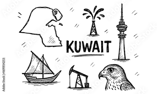 Hand drawn symbols of kuwait: landmarks, oil, and heritage in sketch style