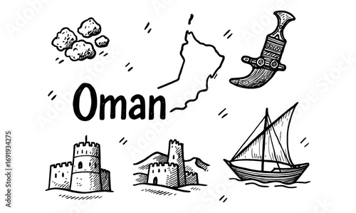 Sketch of oman's iconic landmarks and symbols in black and white