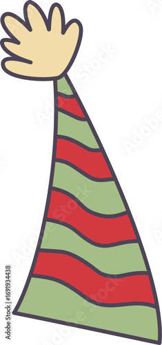 Doodle vector illustration of a striped Christmas party hat with green and red.