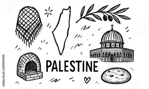 Hand drawn symbols of palestine with dome, map, and olive branch