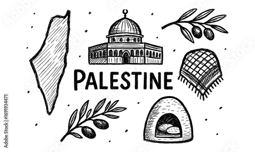 Hand drawn palestine symbols featuring al aqsa mosque and olive branches