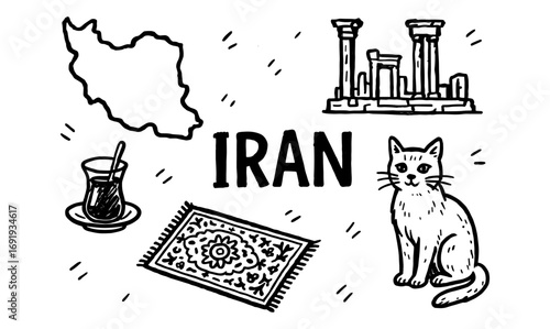 Monochrome iran icons featuring map, persepolis, persian rug, and traditional tea