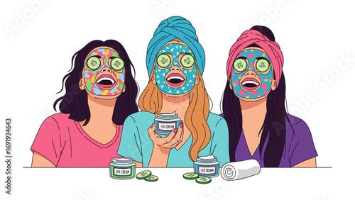 Three diverse young women with colorful face masks and cucumber slices on eyes laughing together during a spa day at home