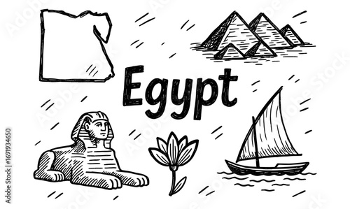 Hand drawn egypt sketch with pyramids, sphinx, and nile elements