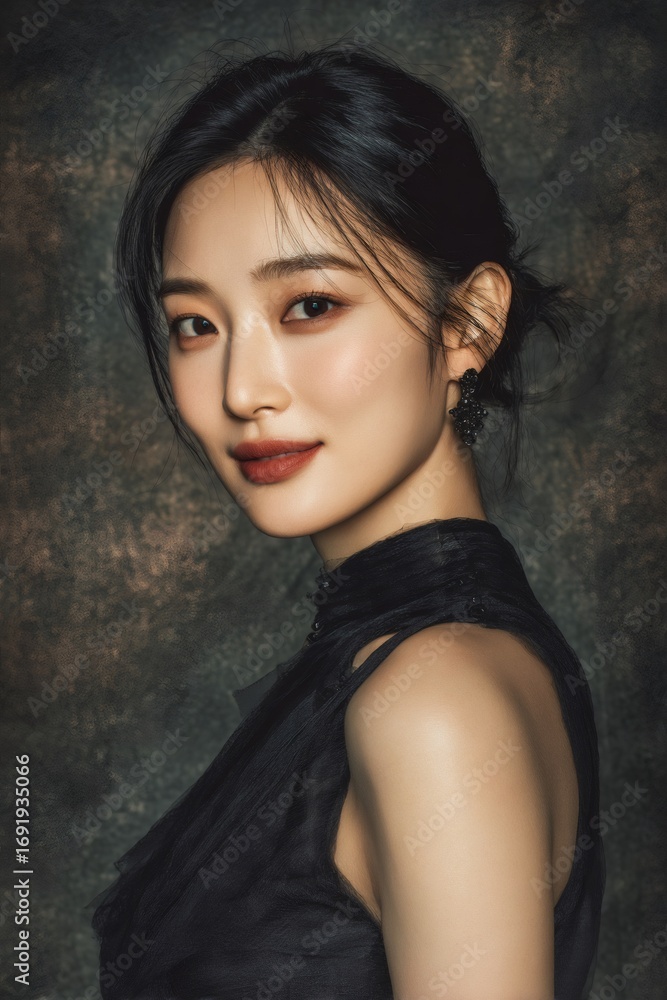 Fototapeta premium Elegant korean actress posing in stylish black dress