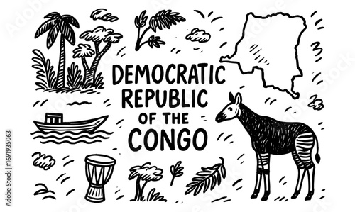 Hand-drawn democratic republic of the congo with okapi, map, and nature elements