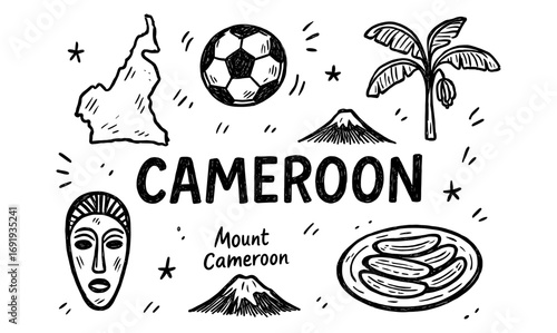 Hand drawn cameroon elements with map, soccer, and cultural icons