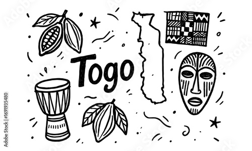 Hand drawn togo elements: map, cultural icons, and traditional patterns