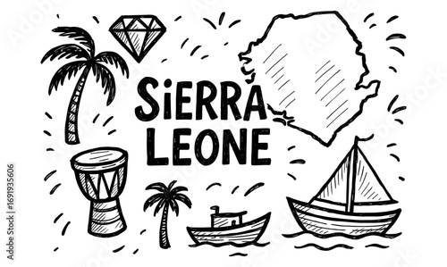 Hand drawn sierra leone map and iconic elements in sketch style