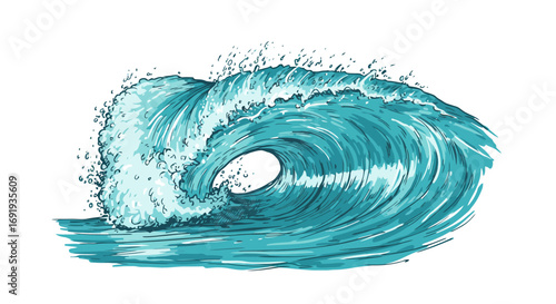 Ocean wave curling powerful turquoise water.
