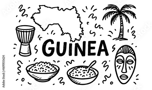 Guinea culture doodles: map, drums, palm, traditional mask, cuisine in sketch style