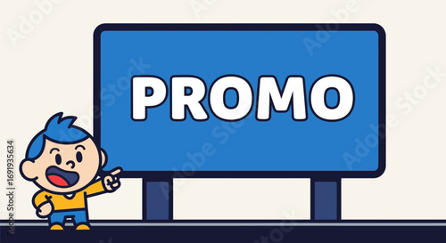 Cartoon Character Pointing at "PROMO" Sign, Advertising Concept.