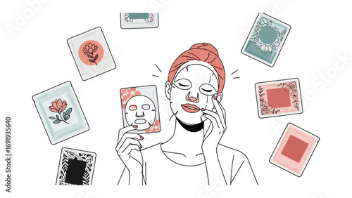 Young woman with sheet mask on face and towel on head surrounded by various facial sheet masks floating around her in a whimsical illustration style