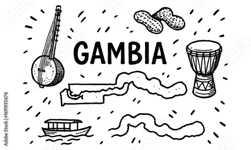 Gambia sketch: traditional instruments, map, and culture highlights