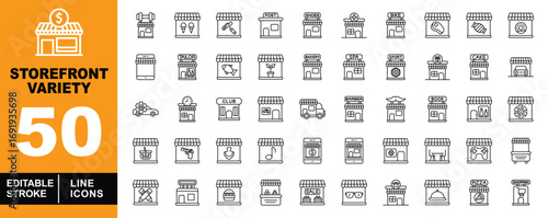 Storefront Variety line icon set. Storefront, Building, Shop, Barber, Store, Bakery, Pizza, and more. Editable stroke icons collection.
