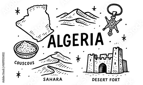 Algeria icons in hand-drawn style featuring sahara, mountains, and traditional fort