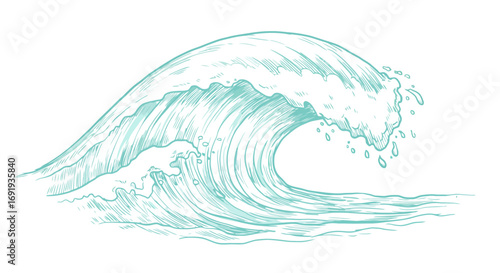 Ocean wave drawing blue green curl crest foam.