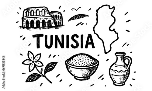 Monochrome tunisia sketch with landmarks and cultural symbols