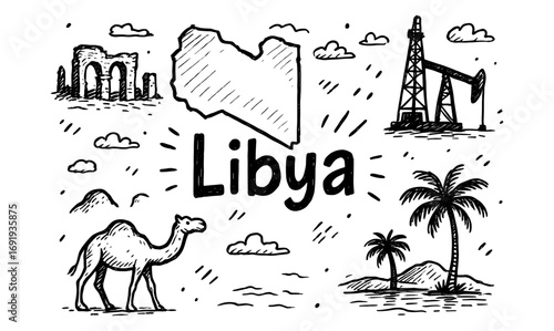 Hand-drawn libya icons: map, oil rig, camel, and palm trees in vintage style