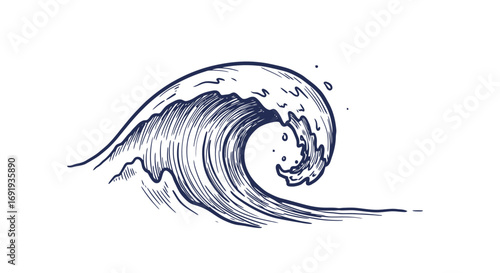 Ocean wave drawing blue ink detailed lines.