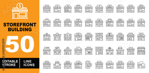 Storefront Building line icon set. Storefront, Building, Shop, Barber, Store, and more. Editable stroke icons collection.